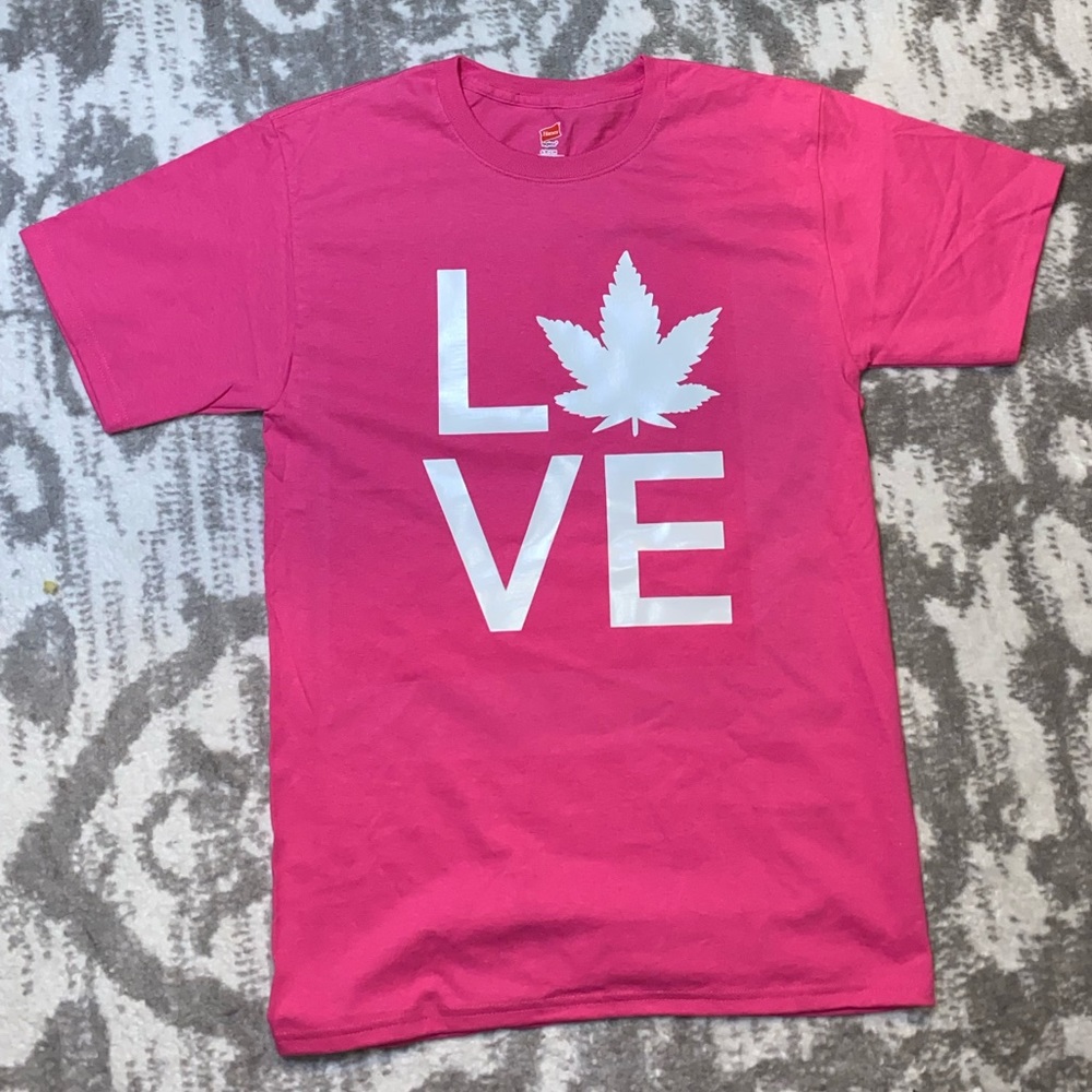 Love Weed Shirt. Size Small. Hanes Tagless shirt. Hot Pink.